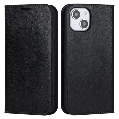 For iPhone 15 Plus Crazy Horse Texture Flip Stand Wallet Cover Genuine Cow Leather Phone Case - Black - 1