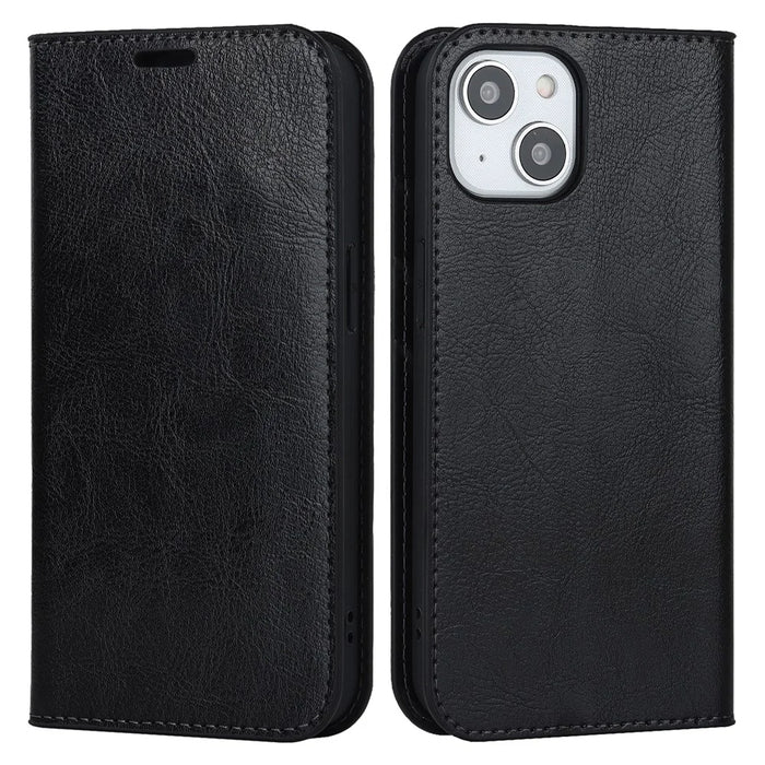 For iPhone 15 Plus Crazy Horse Texture Flip Stand Wallet Cover Genuine Cow Leather Phone Case - Black - 1