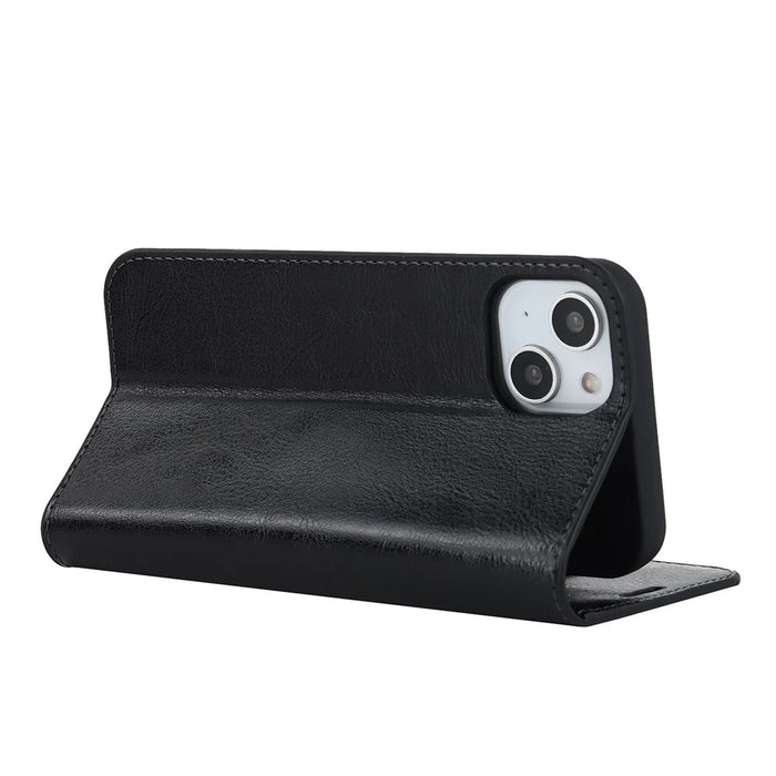 For iPhone 15 Plus Crazy Horse Texture Flip Stand Wallet Cover Genuine Cow Leather Phone Case - Black - 4