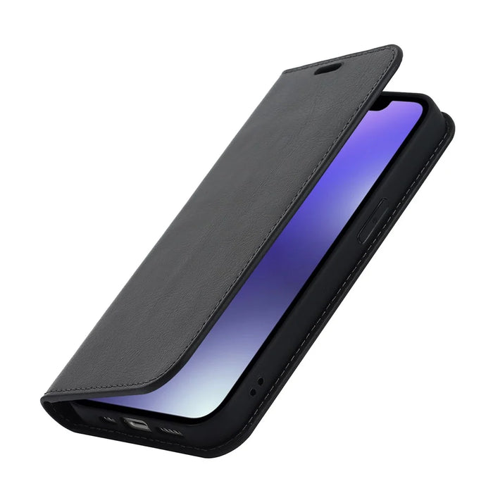 For iPhone 15 Plus Crazy Horse Texture Flip Stand Wallet Cover Genuine Cow Leather Phone Case - Black - 7
