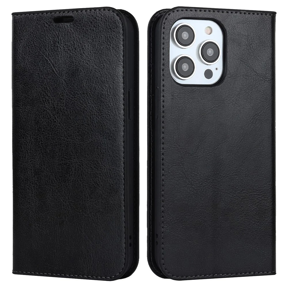 For iPhone 15 Pro Crazy Horse Texture Anti-fall Cover Genuine Cow Leather Stand Wallet Phone Case - Black - 1
