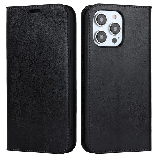 For iPhone 15 Pro Crazy Horse Texture Anti-fall Cover Genuine Cow Leather Stand Wallet Phone Case - Black - 1
