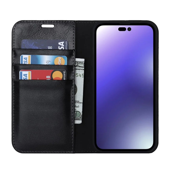 For iPhone 15 Pro Crazy Horse Texture Anti-fall Cover Genuine Cow Leather Stand Wallet Phone Case - Black - 2