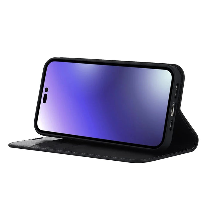 For iPhone 15 Pro Crazy Horse Texture Anti-fall Cover Genuine Cow Leather Stand Wallet Phone Case - Black - 3