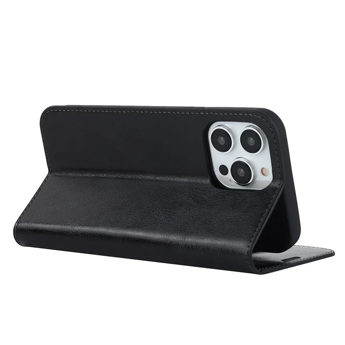 For iPhone 15 Pro Crazy Horse Texture Anti-fall Cover Genuine Cow Leather Stand Wallet Phone Case - Black - 4