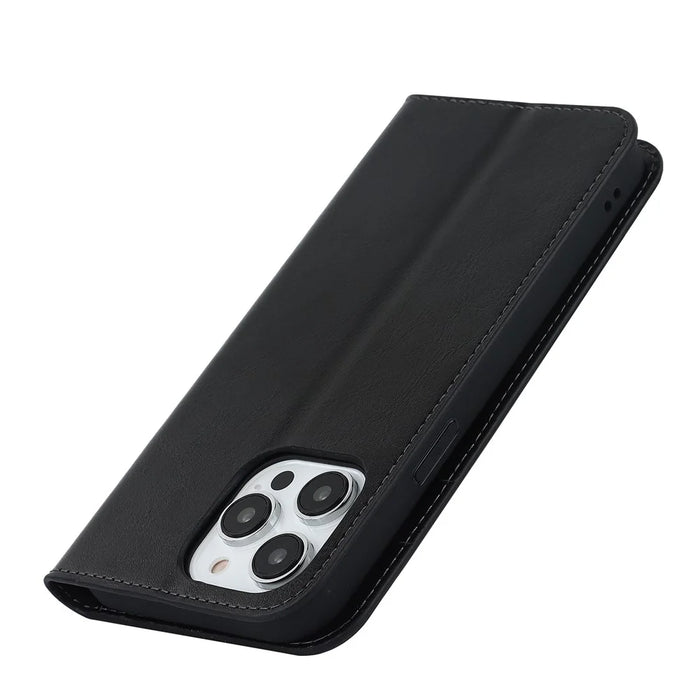 For iPhone 15 Pro Crazy Horse Texture Anti-fall Cover Genuine Cow Leather Stand Wallet Phone Case - Black - 6