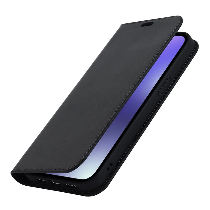 For iPhone 15 Pro Crazy Horse Texture Anti-fall Cover Genuine Cow Leather Stand Wallet Phone Case - Black - 7