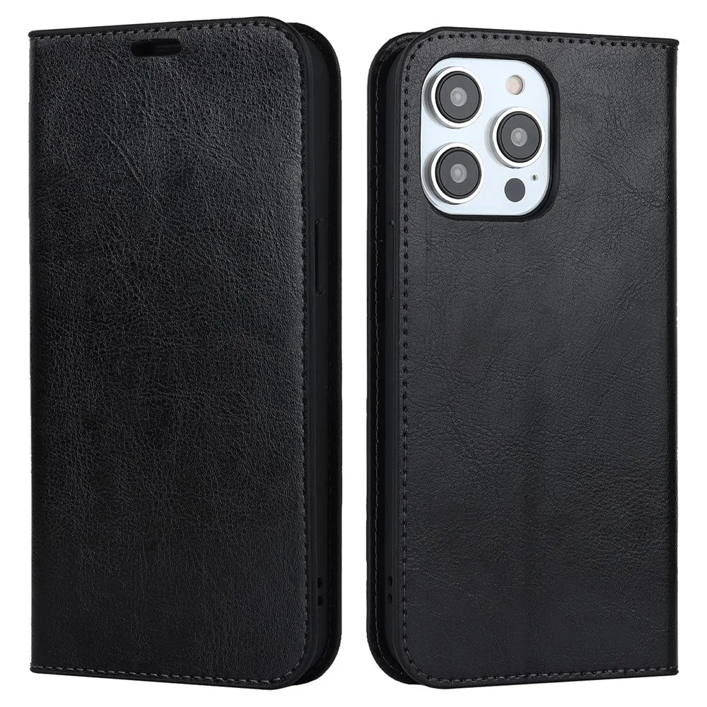 For iPhone 15 Pro Max Crazy Horse Texture Wallet Phone Cover Genuine Cow Leather Stand Case - Black - 1