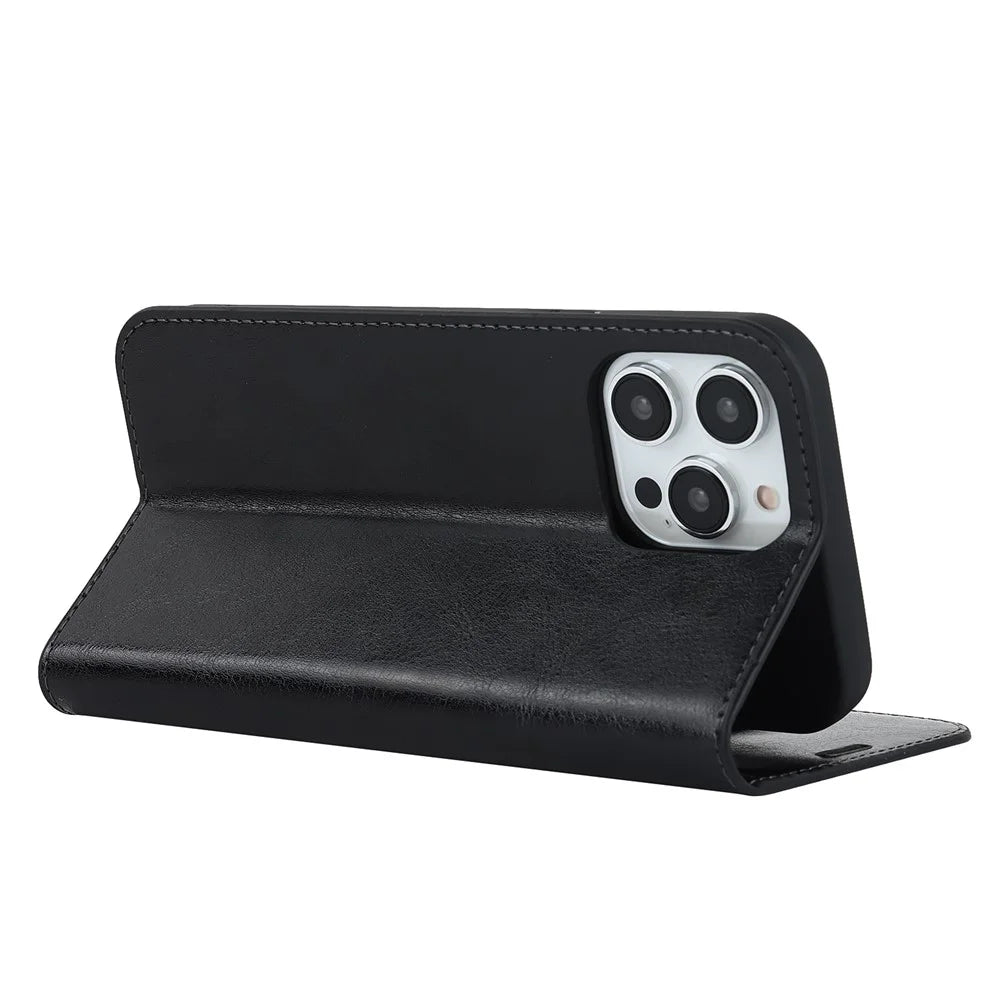 For iPhone 15 Pro Max Crazy Horse Texture Wallet Phone Cover Genuine Cow Leather Stand Case - Black - 4