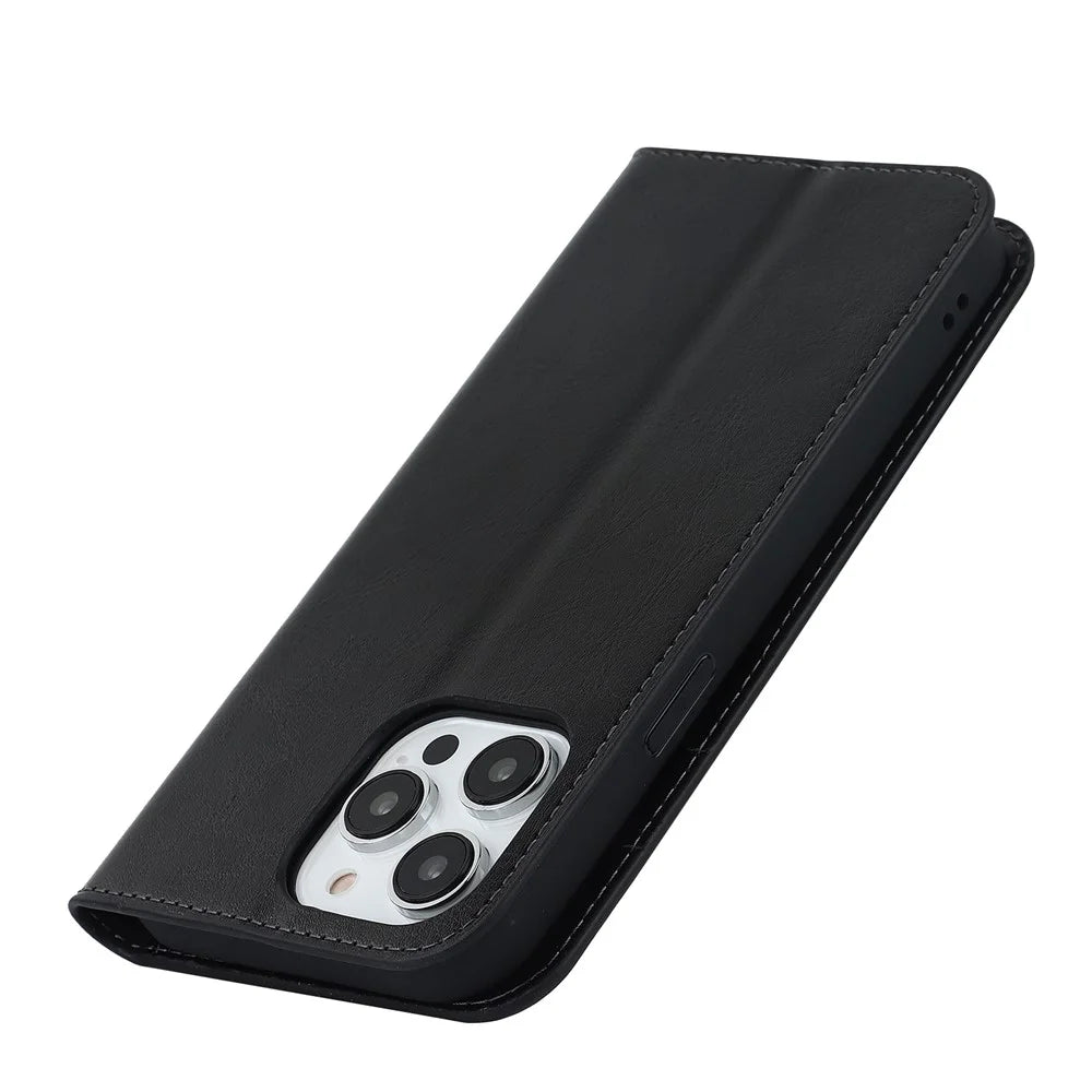 For iPhone 15 Pro Max Crazy Horse Texture Wallet Phone Cover Genuine Cow Leather Stand Case - Black - 6