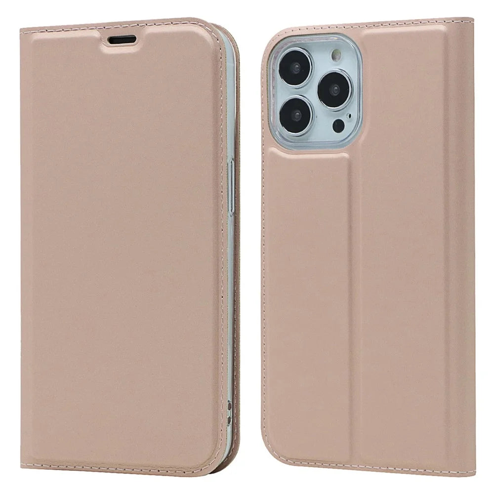 For iPhone 15 Pro Max PU Leather Stand Phone Cover Card Holder Magnetic Closing Case - Rose Gold - 1