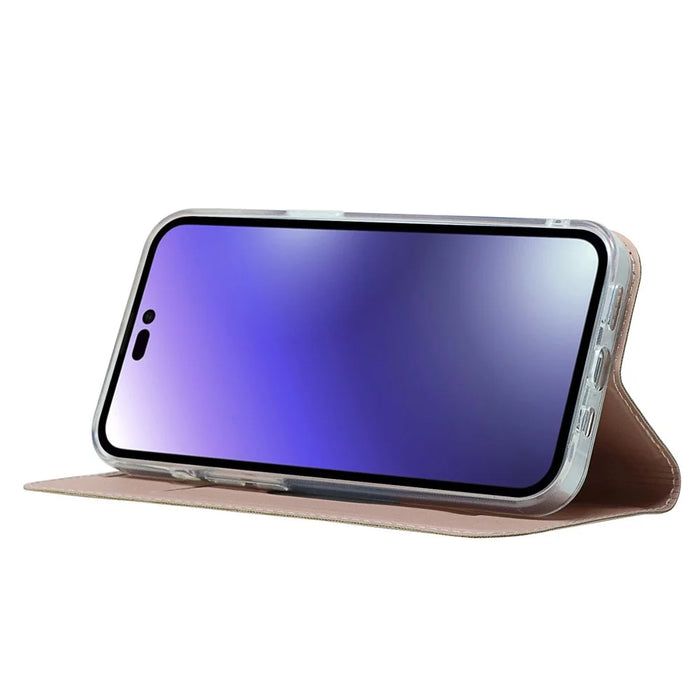 For iPhone 15 Pro Max PU Leather Stand Phone Cover Card Holder Magnetic Closing Case - Rose Gold - 4