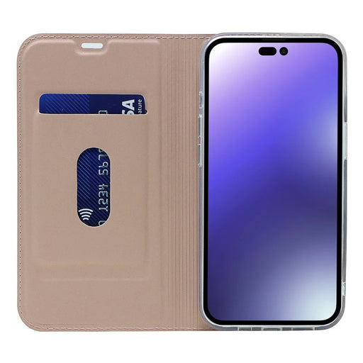 For iPhone 15 Pro Magnetic Closing PU Leather Phone Case Card Holder Flip Stand Cover - Rose Gold - 2