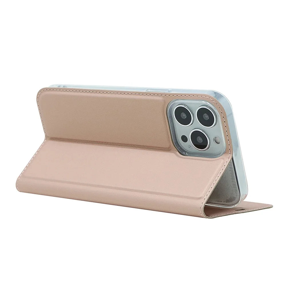 For iPhone 15 Pro Magnetic Closing PU Leather Phone Case Card Holder Flip Stand Cover - Rose Gold - 3