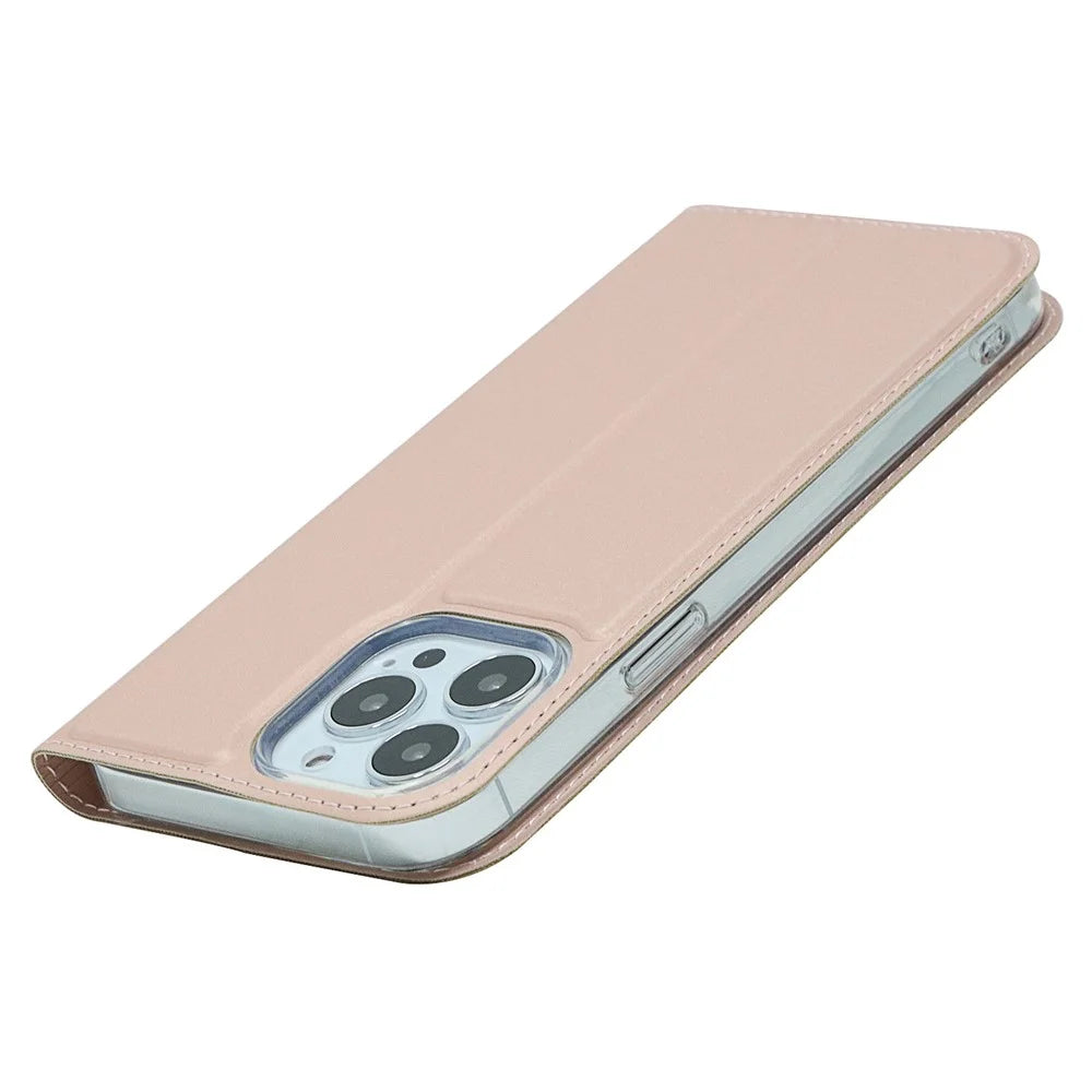 For iPhone 15 Pro Magnetic Closing PU Leather Phone Case Card Holder Flip Stand Cover - Rose Gold - 6