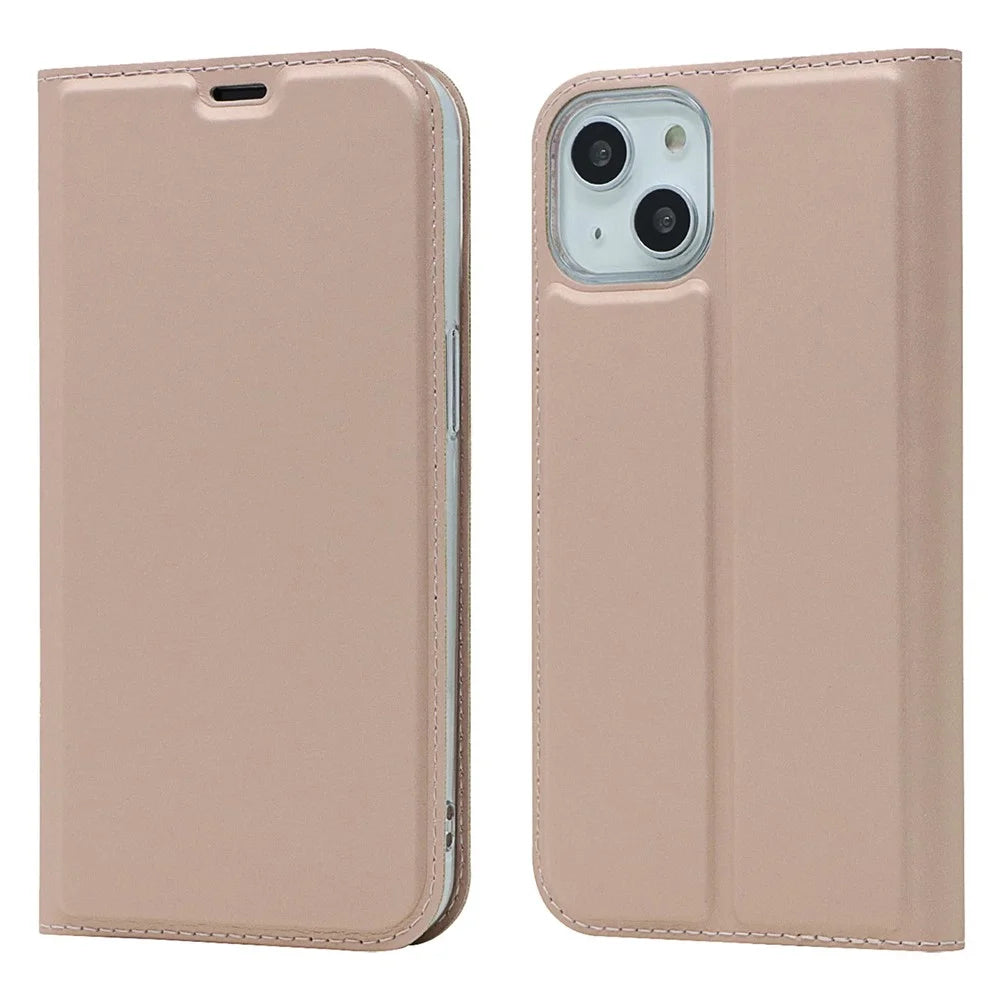 For iPhone 15 Plus Magnetic Closing PU Leather Phone Case Support Stand Cover with Card Slot - Rose Gold - 1