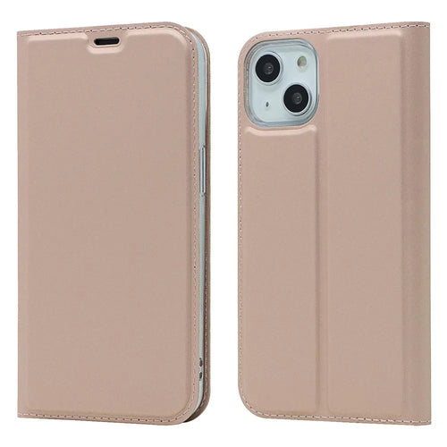 For iPhone 15 Plus Magnetic Closing PU Leather Phone Case Support Stand Cover with Card Slot - Rose Gold - 1