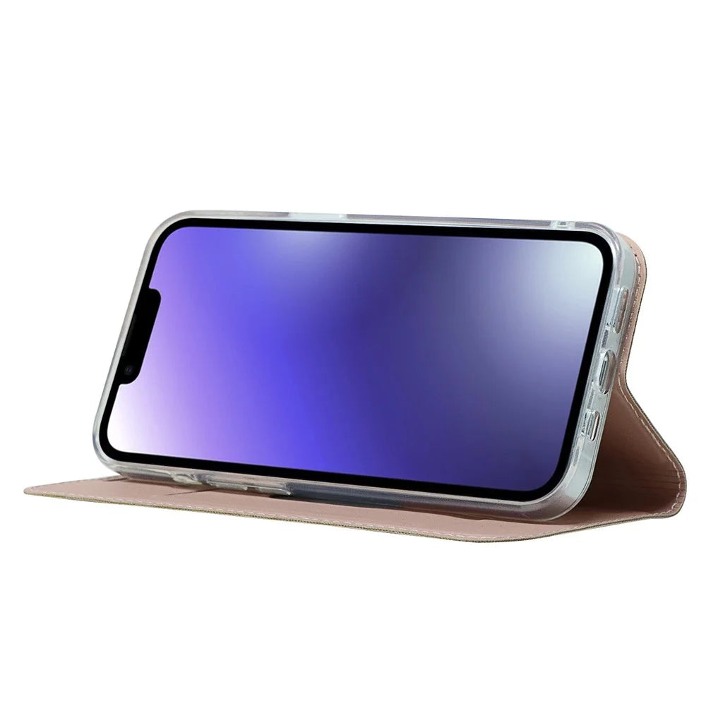 For iPhone 15 Plus Magnetic Closing PU Leather Phone Case Support Stand Cover with Card Slot - Rose Gold - 4