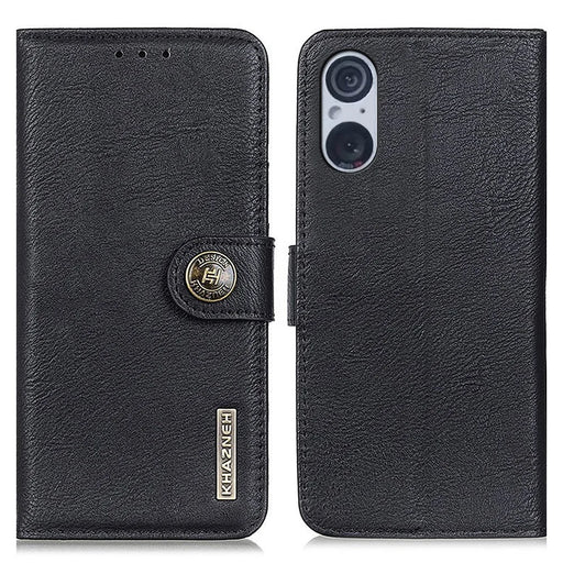 KHAZNEH For Sony Xperia 5 V Cowhide Texture Shockproof Case PU Leather Stand Wallet Phone Cover - Black - 1