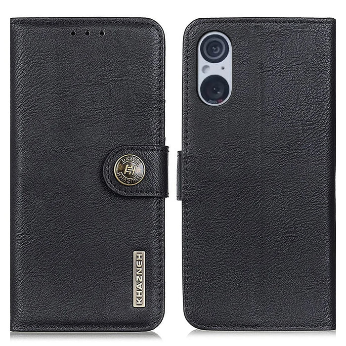 KHAZNEH For Sony Xperia 5 V Cowhide Texture Shockproof Case PU Leather Stand Wallet Phone Cover - Black - 1