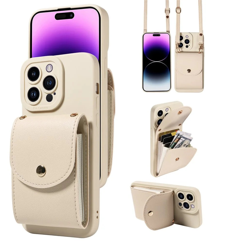 For iPhone 15 Shockproof Case PU Card Holder Kickstand TPU Phone Cover with Shoulder Strap - Beige - 1