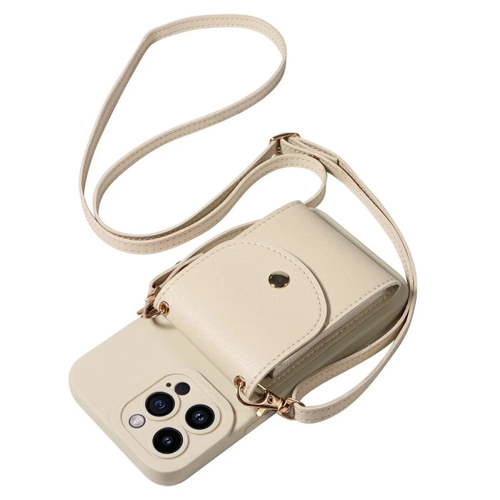 For iPhone 15 Shockproof Case PU Card Holder Kickstand TPU Phone Cover with Shoulder Strap - Beige - 2