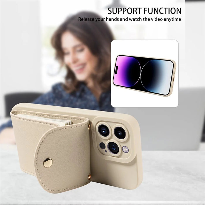 For iPhone 15 Shockproof Case PU Card Holder Kickstand TPU Phone Cover with Shoulder Strap - Beige - 3