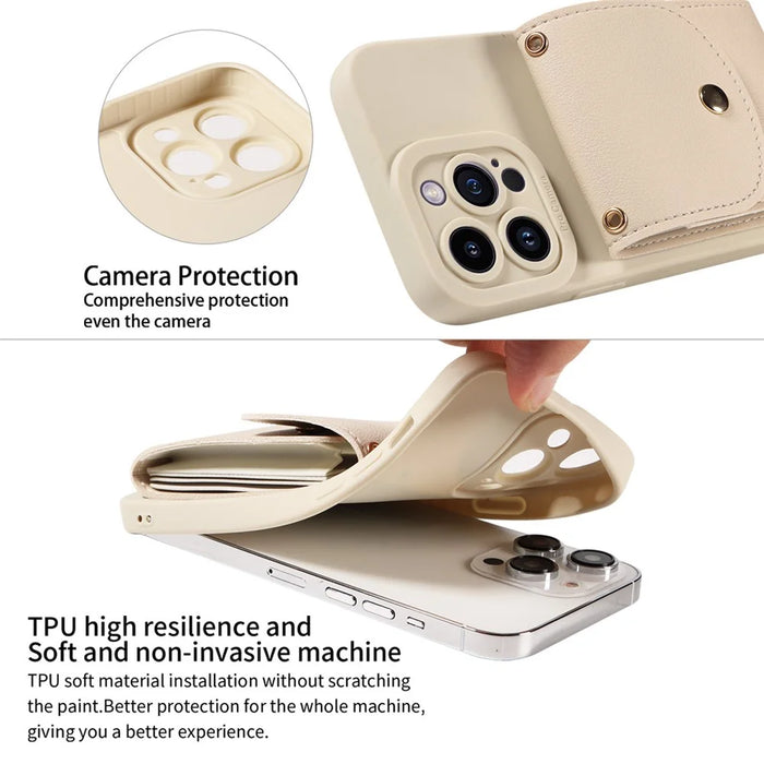 For iPhone 15 Shockproof Case PU Card Holder Kickstand TPU Phone Cover with Shoulder Strap - Beige - 6