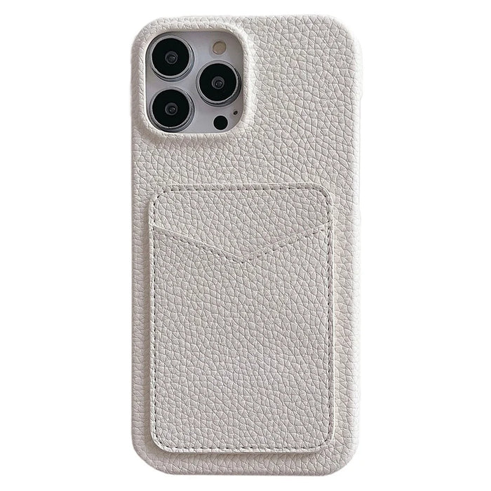 For iPhone 15 Litchi Texture PU+TPU Phone Case Protective Phone Cover with Card Holder - White - 1