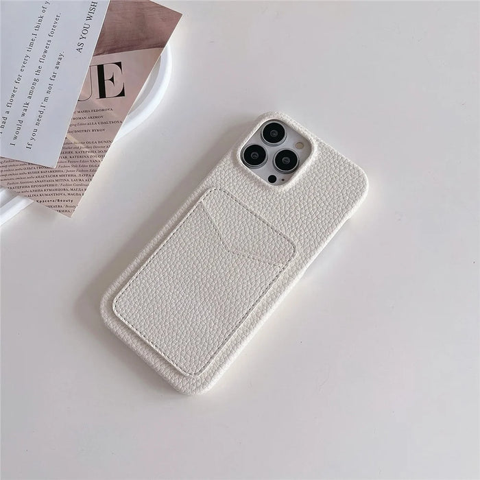 For iPhone 15 Litchi Texture PU+TPU Phone Case Protective Phone Cover with Card Holder - White - 2