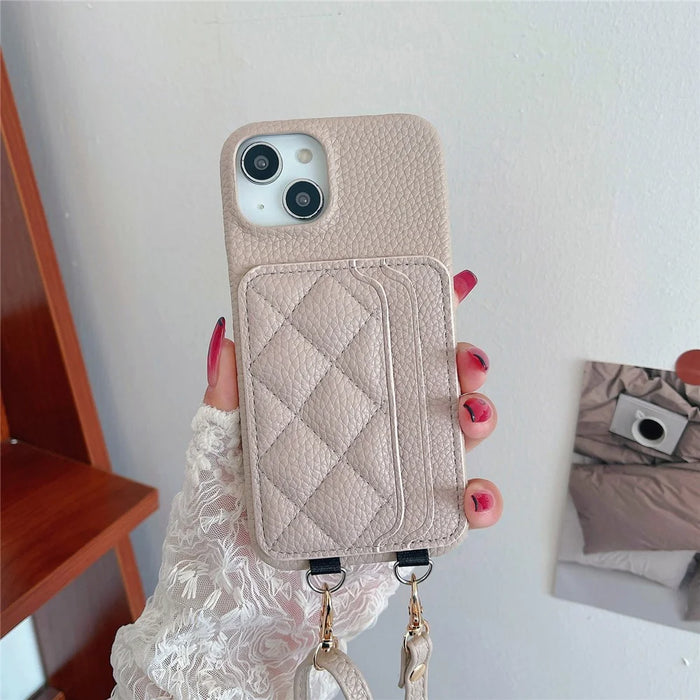 For iPhone 15 Litchi Texture PU+TPU Phone Case Rhomboid Stitching Card Holder Phone Shell with Shoulder Strap - Light Khaki - 1