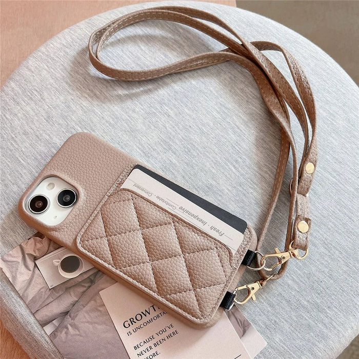 For iPhone 15 Litchi Texture PU+TPU Phone Case Rhomboid Stitching Card Holder Phone Shell with Shoulder Strap - Light Khaki - 2