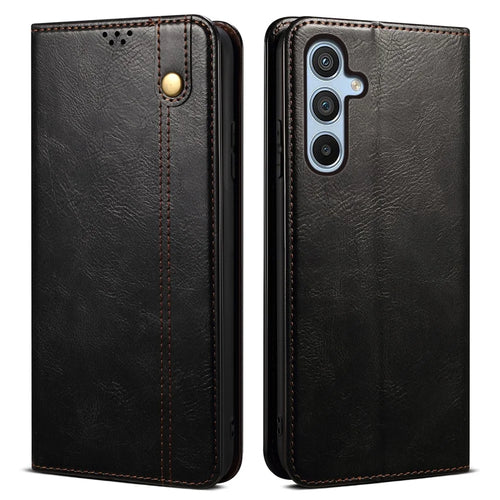 For Samsung Galaxy M34 5G / F34 5G Stand Wallet Case Waxy Crazy Horse Texture PU Leather Phone Shell Cover - Black - 1