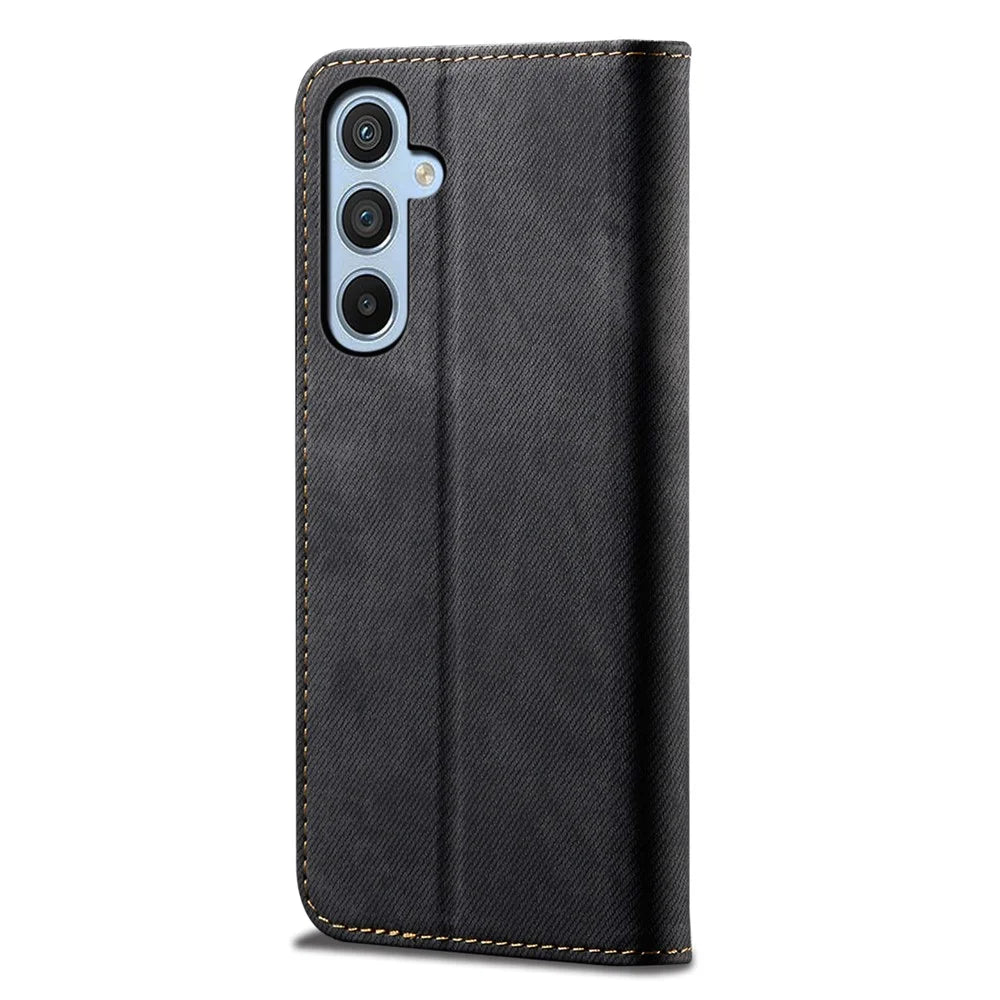 For Samsung Galaxy M34 5G / F34 5G Jeans Cloth Texture Phone Stand Cover Wallet Phone Case PU Leather Shell - Black - 6