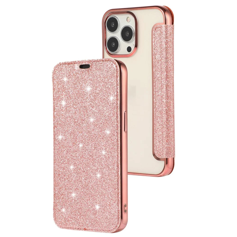Card Holder Stand Case for iPhone 15 , Glitter Powder PU Leather+TPU Transparent Phone Cover - Rose Gold - 1