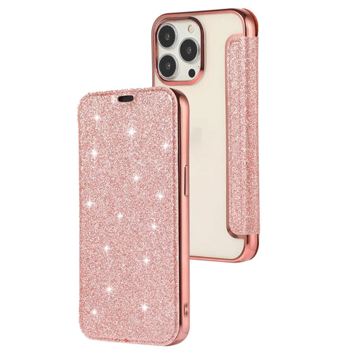 Card Holder Stand Case for iPhone 15 , Glitter Powder PU Leather+TPU Transparent Phone Cover - Rose Gold - 1