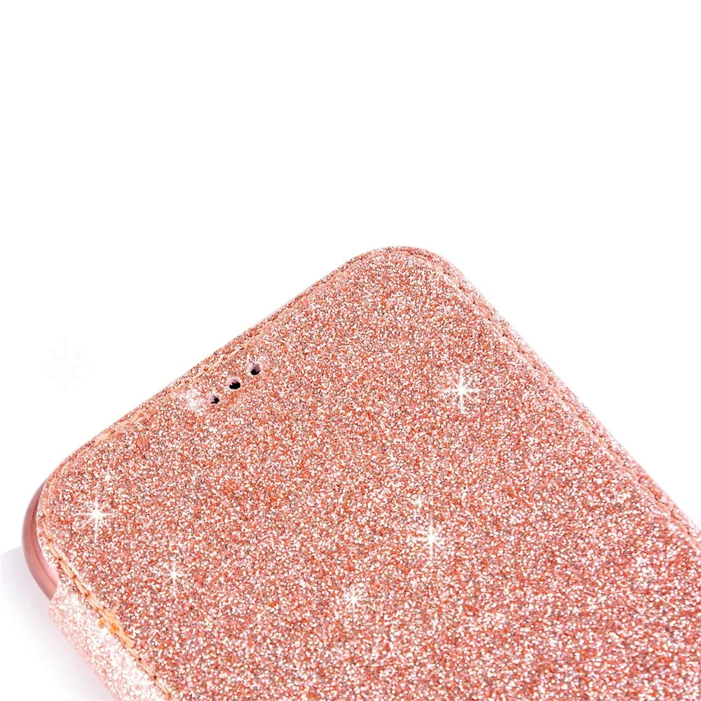 Card Holder Stand Case for iPhone 15 , Glitter Powder PU Leather+TPU Transparent Phone Cover - Rose Gold - 5