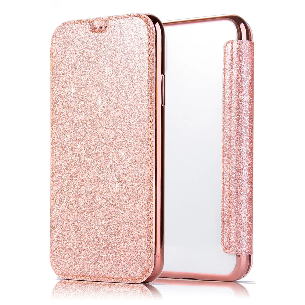 Card Holder Stand Case for iPhone 15 , Glitter Powder PU Leather+TPU Transparent Phone Cover - Rose Gold - 6