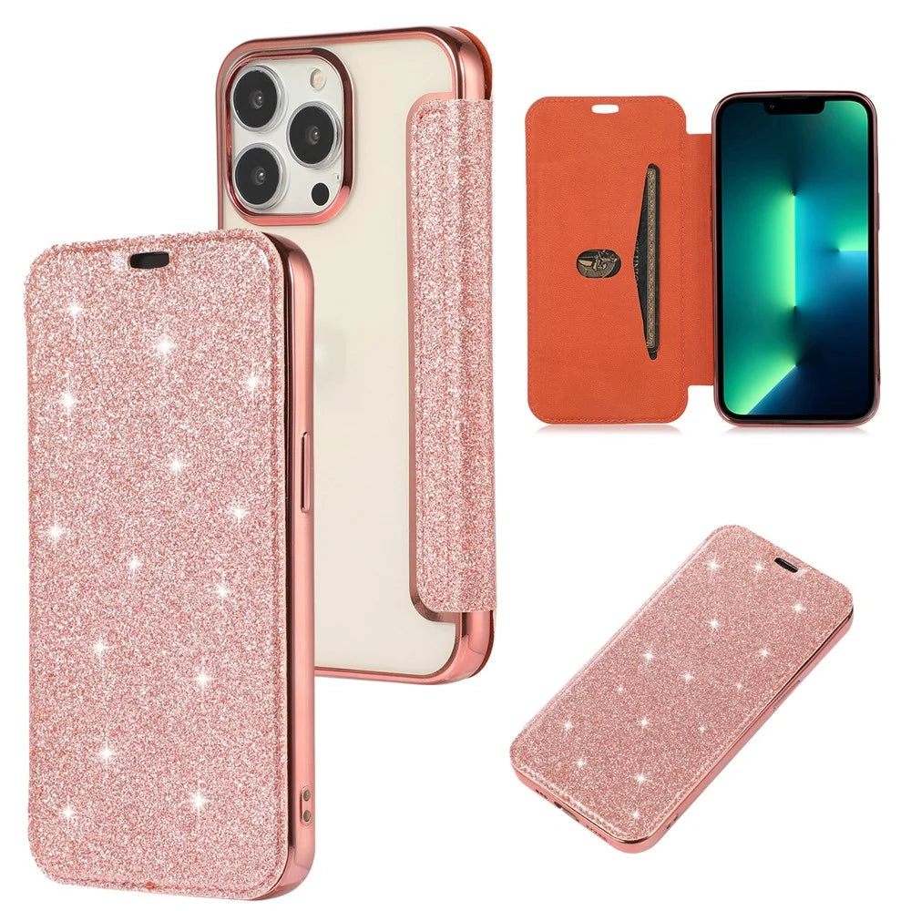 Card Holder Stand Case for iPhone 15 , Glitter Powder PU Leather+TPU Transparent Phone Cover - Rose Gold - 7