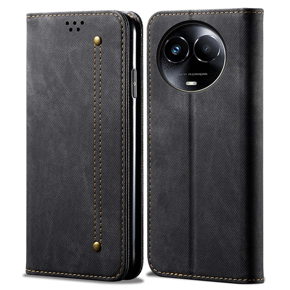 For Realme 11x 5G / 11 5G (Global) Jeans Cloth Texture Phone Stand Cover PU Leather Wallet Case - Black - 1