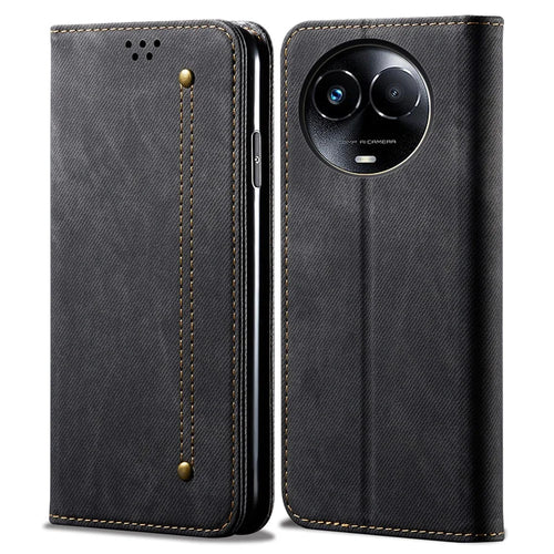 For Realme 11x 5G / 11 5G (Global) Jeans Cloth Texture Phone Stand Cover PU Leather Wallet Case - Black - 1