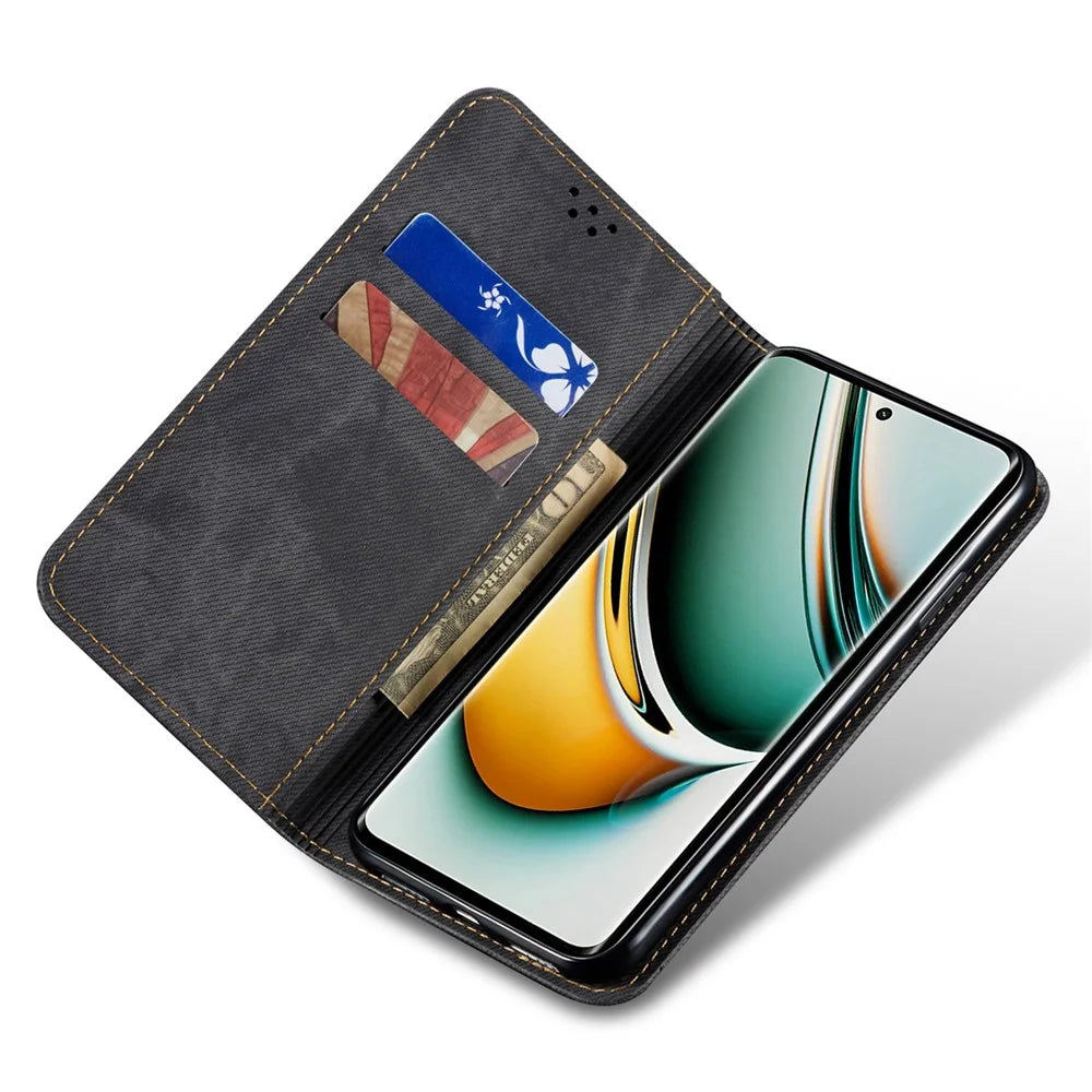 For Realme 11x 5G / 11 5G (Global) Jeans Cloth Texture Phone Stand Cover PU Leather Wallet Case - Black - 2