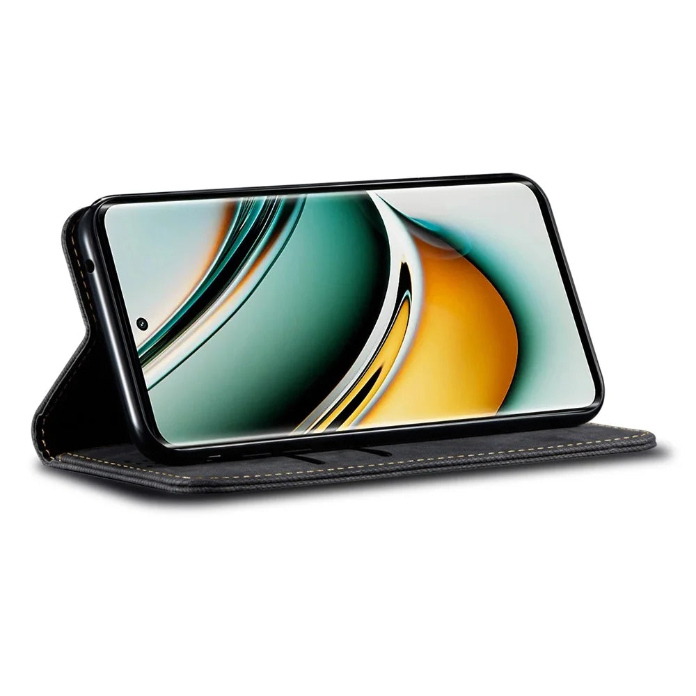 For Realme 11x 5G / 11 5G (Global) Jeans Cloth Texture Phone Stand Cover PU Leather Wallet Case - Black - 3