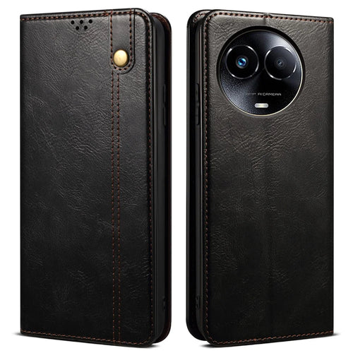 For Realme 11x 5G / 11 5G (Global) Waxy Crazy Horse Texture Stand Wallet Case PU Leather Phone Cover - Black - 1