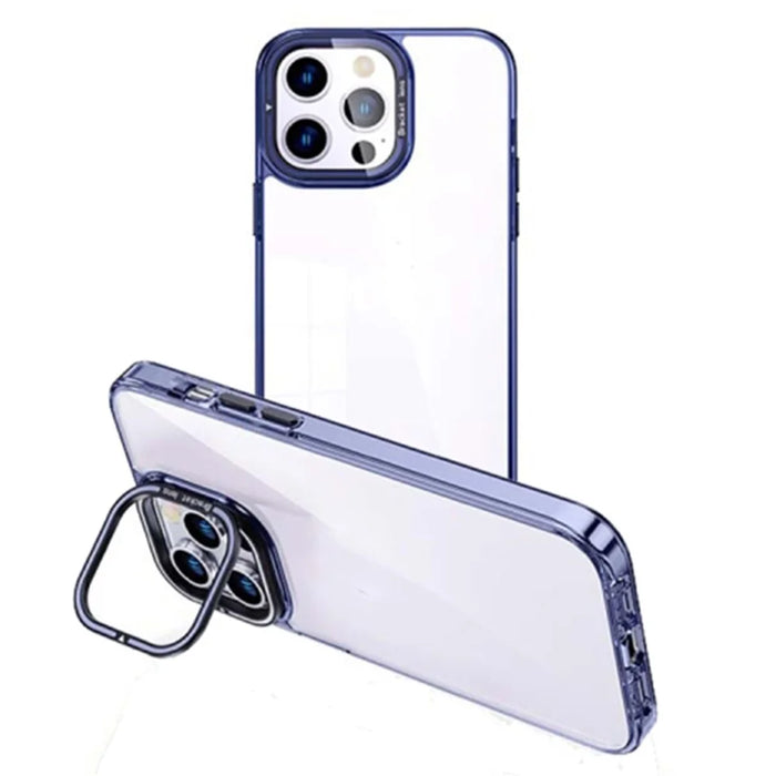 Transparent TPU Phone Case for iPhone 15 Pro Electroplating Mobile Back Cover with Lens Frame Kickstand - Blue - 1