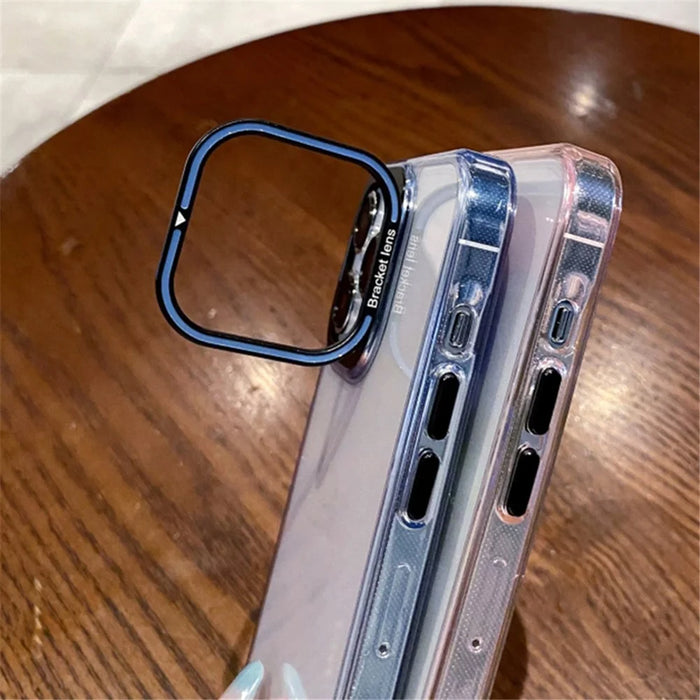 Transparent TPU Phone Case for iPhone 15 Pro Electroplating Mobile Back Cover with Lens Frame Kickstand - Blue - 4