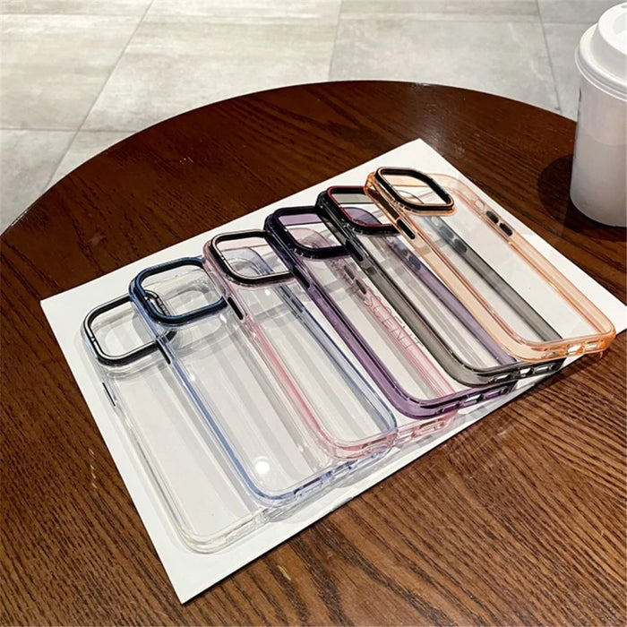 Transparent TPU Phone Case for iPhone 15 Pro Electroplating Mobile Back Cover with Lens Frame Kickstand - Blue - 7