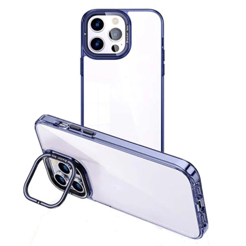 For iPhone 15 Plus Soft Clear TPU Phone Case Electroplating Mobile Phone Cover Lens Frame Kickstand - Blue - 1