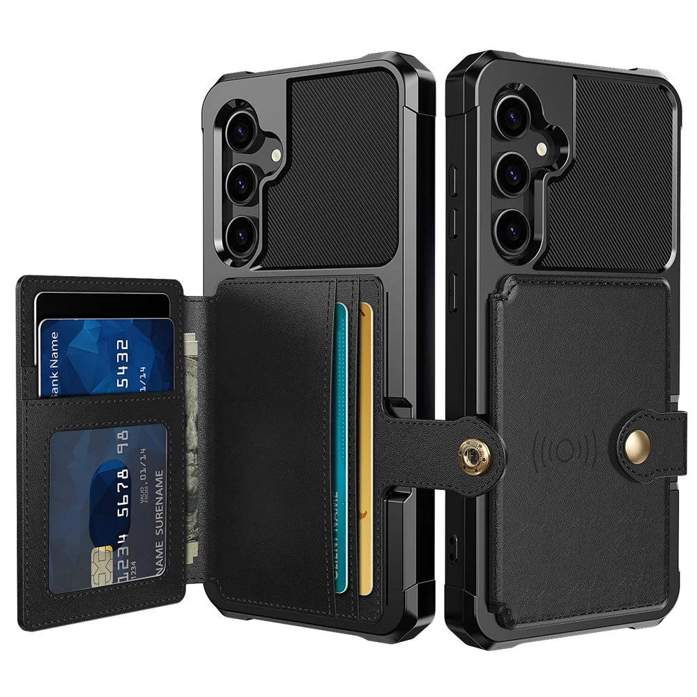ZM03 For Samsung Galaxy S23 FE Card Holder Kickstand Phone Case PU Leather Coated TPU Back Cover - Black - 1