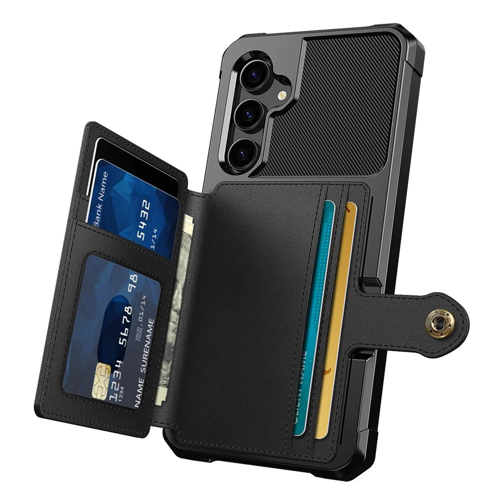 ZM03 For Samsung Galaxy S23 FE Card Holder Kickstand Phone Case PU Leather Coated TPU Back Cover - Black - 3